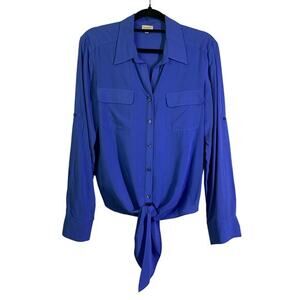 CREMIEUX Women's Blue Tie Front Long‎ Sleeve Button Down Blouse Size Medium